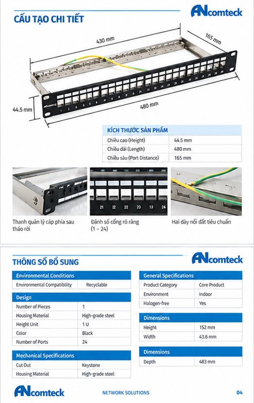Thanh đấu nối patch panel 24 cổng Ancomteck mã ACT-24S1U
